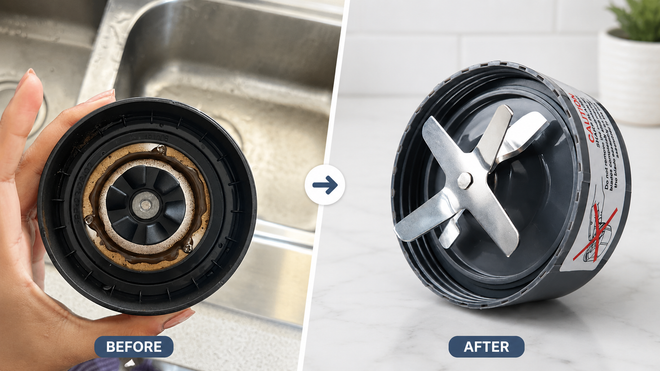 Before and after comparison of a NutriBullet-compatible extractor blade: a worn assembly with a leaking, damaged gasket beside a clean new replacement blade.