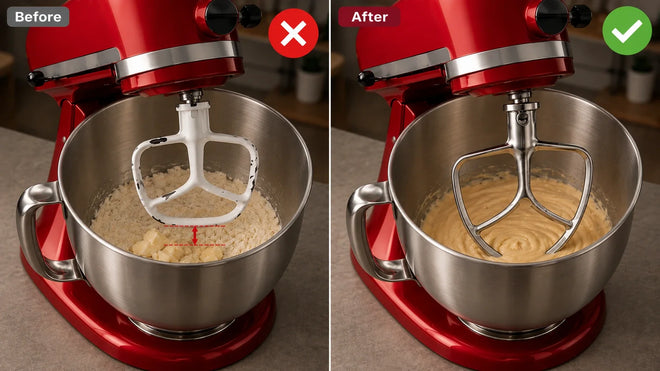 Before and after on a KitchenAid tilt-head mixer with a stainless steel bowl: a coated flat beater set too high leaves flour unmixed, while a correctly set stainless steel beater mixes to the bottom