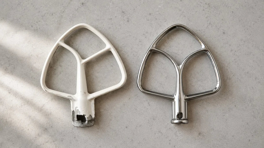 Worn coated KitchenAid flat beater next to a new stainless steel replacement paddle