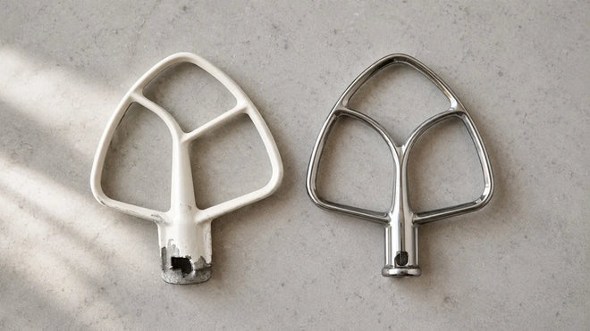 Worn coated KitchenAid flat beater next to a new stainless steel replacement paddle
