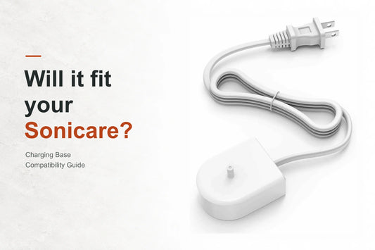 Will it fit your Sonicare? Charging base compatibility guide — white Philips Sonicare replacement charging base with a single post and a US two-pin plug.