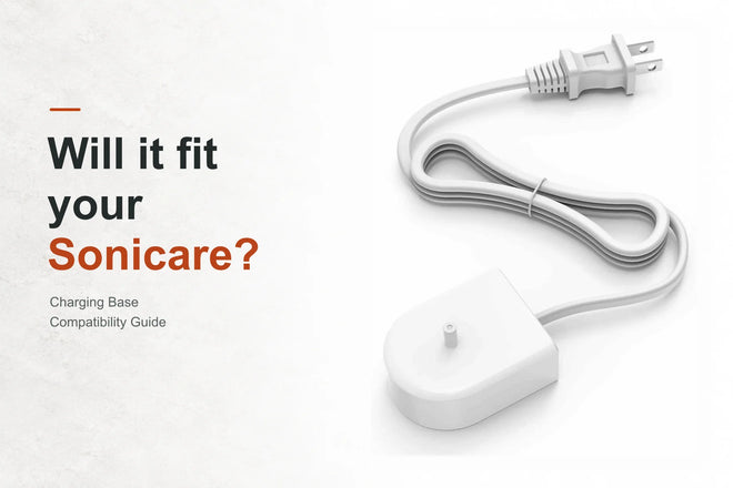 Will it fit your Sonicare? Charging base compatibility guide — white Philips Sonicare replacement charging base with a single post and a US two-pin plug.