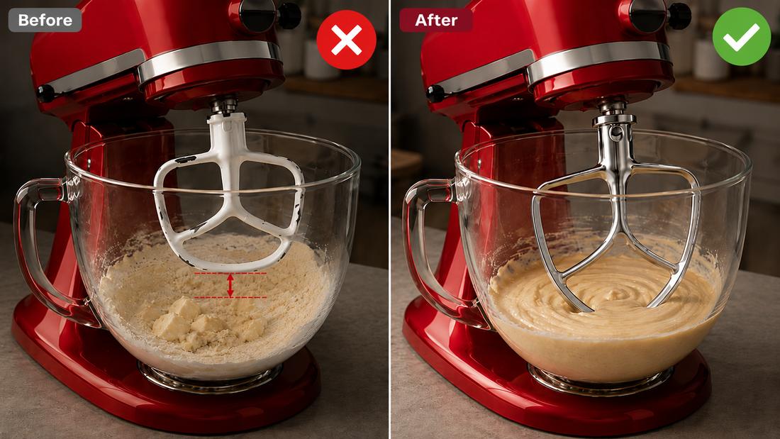 Before and after: a coated KitchenAid flat beater set too high leaving unmixed batter at the bottom of the bowl, beside a stainless steel beater mixing cleanly to the bottom