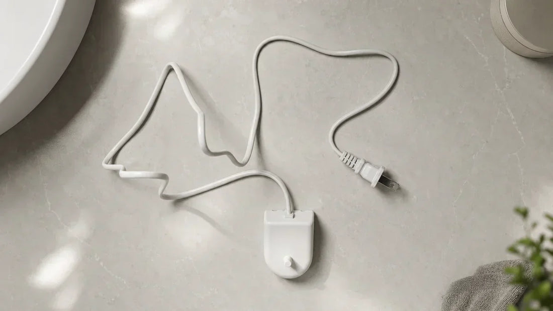 Aftermarket Philips Sonicare replacement charger base with full cord and two-prong US plug on a bathroom counter
