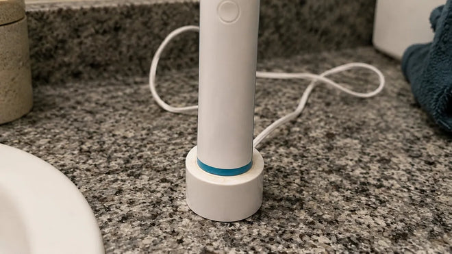 Philips Sonicare toothbrush handle resting on a charging base that is not lighting up