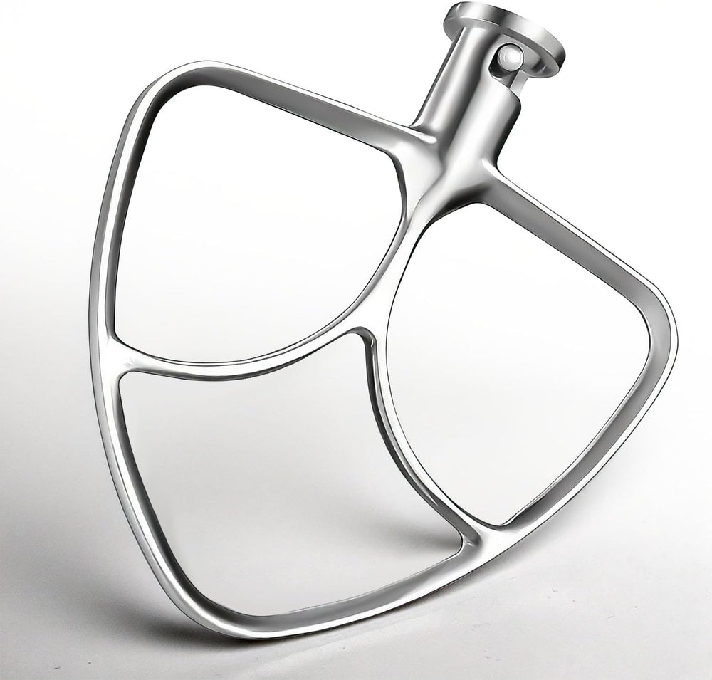 Stainless steel flat beater for KitchenAid tilt-head mixers on white background
