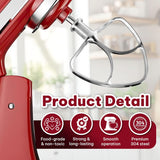 Flat beater attachment shown on a red tilt-head stand mixer