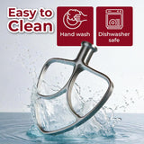 Dishwasher-safe stainless steel flat beater shown with water splash