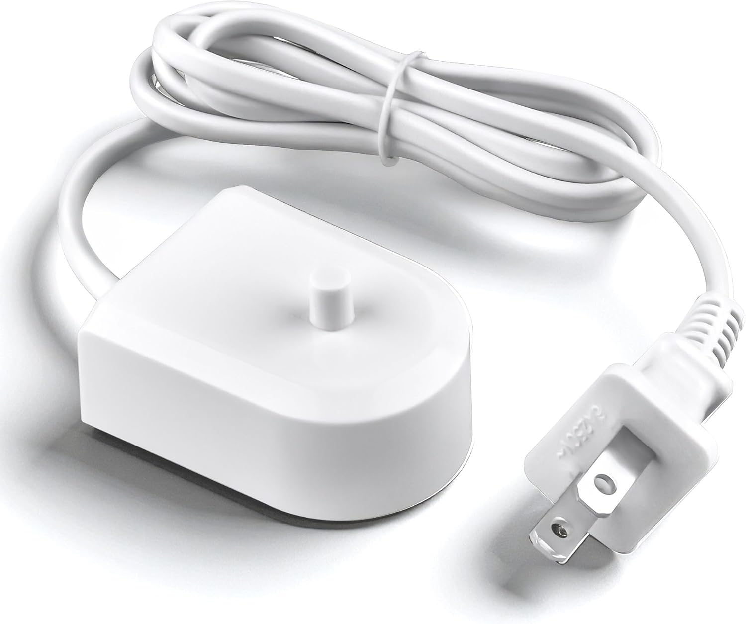 White charging base with a single upright post, attached cable, and two-blade wall plug.